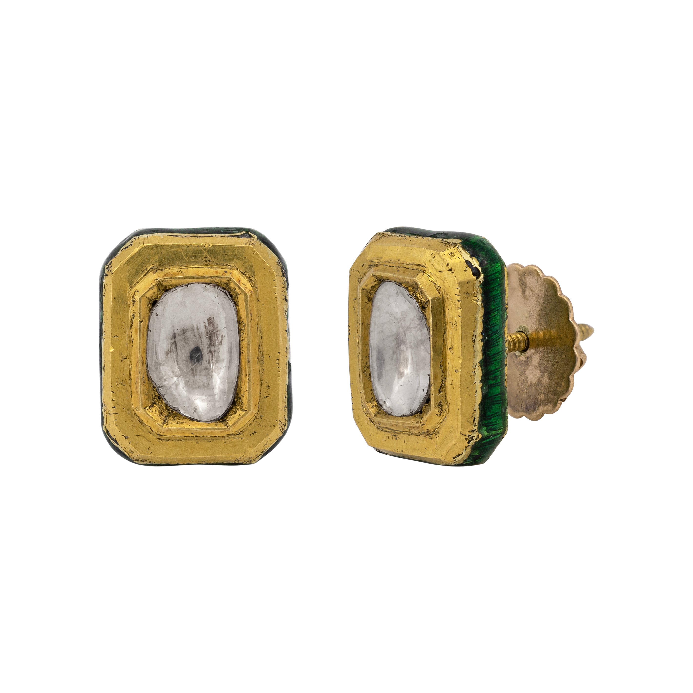 Rectangular Polki Stud Earrings in Gold Finish